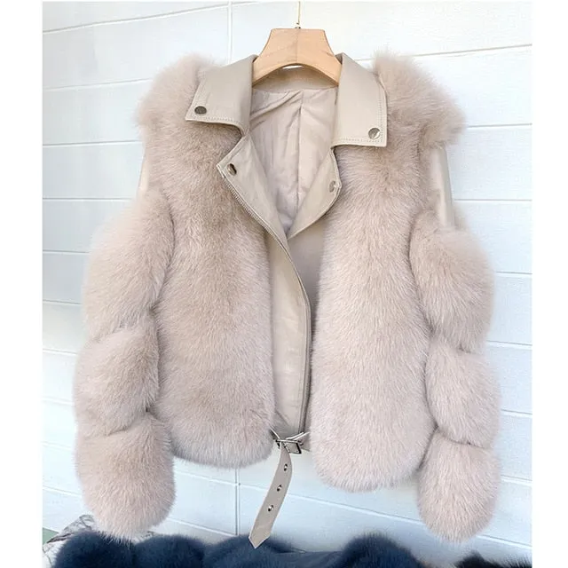 Fashion Real Fox Fur Coats With Genuine Sheepskin Leather