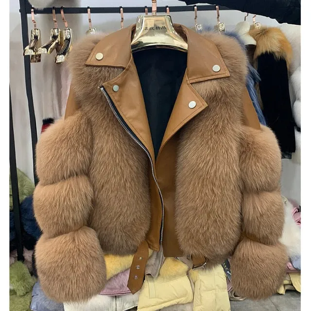 Fashion Real Fox Fur Coats With Genuine Sheepskin Leather