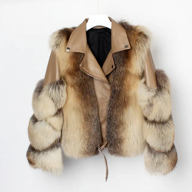 Fashion Real Fox Fur Coats With Genuine Sheepskin Leather