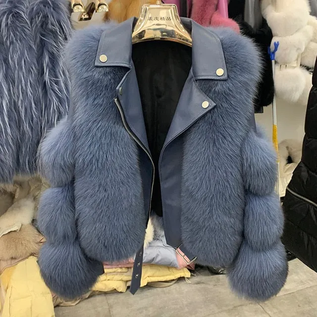 Fashion Real Fox Fur Coats With Genuine Sheepskin Leather