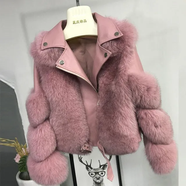 Fashion Real Fox Fur Coats With Genuine Sheepskin Leather