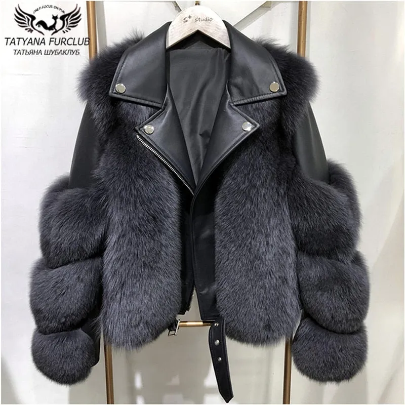 Fashion Real Fox Fur Coats With Genuine Sheepskin Leather