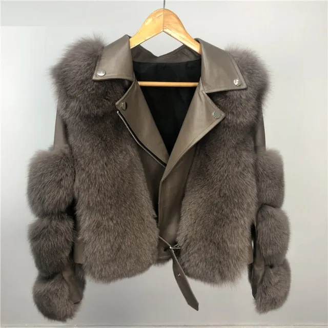 Fashion Real Fox Fur Coats With Genuine Sheepskin Leather