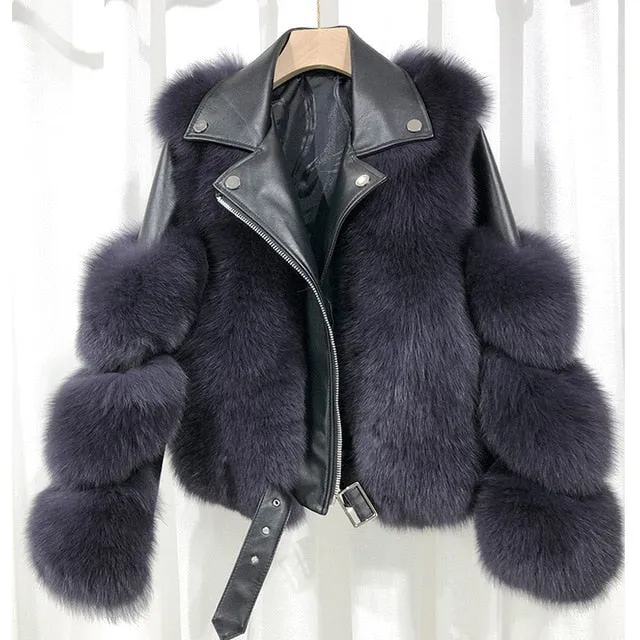 Fashion Real Fox Fur Coats With Genuine Sheepskin Leather