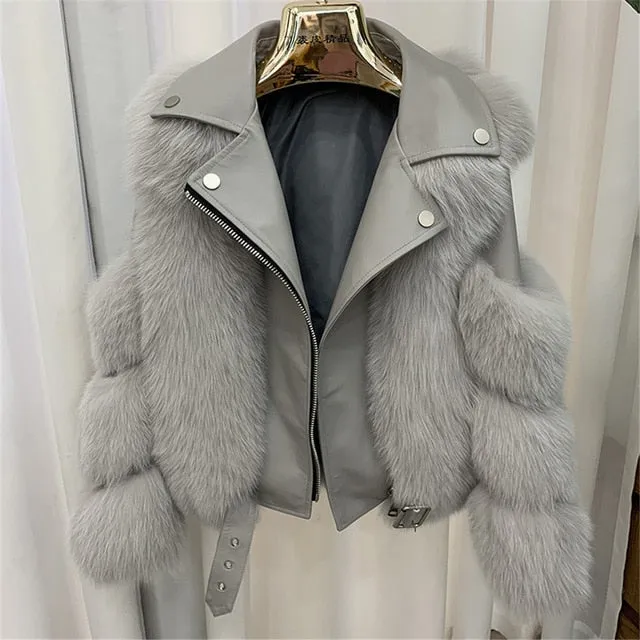 Fashion Real Fox Fur Coats With Genuine Sheepskin Leather