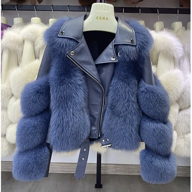 Fashion Real Fox Fur Coats With Genuine Sheepskin Leather