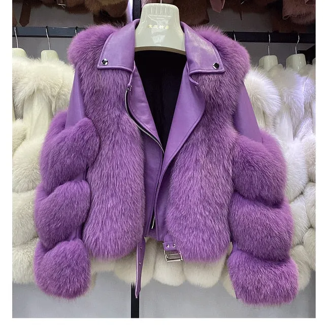 Fashion Real Fox Fur Coats With Genuine Sheepskin Leather