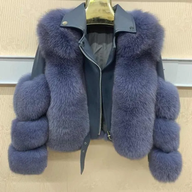 Fashion Real Fox Fur Coats With Genuine Sheepskin Leather