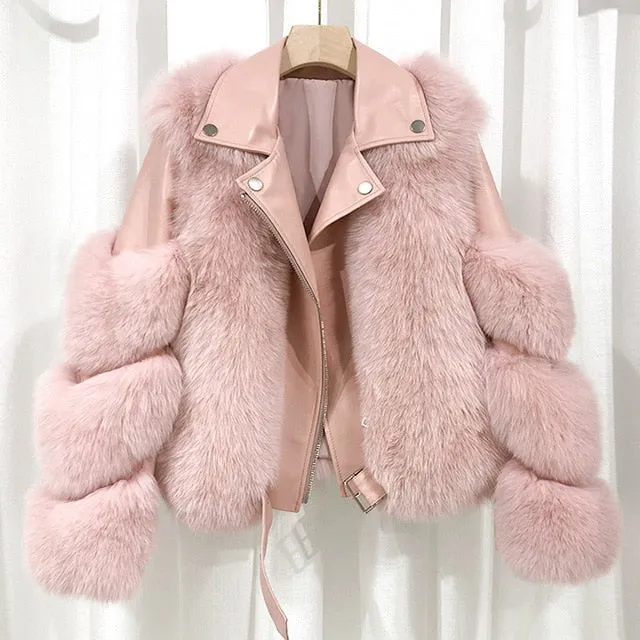 Fashion Real Fox Fur Coats With Genuine Sheepskin Leather