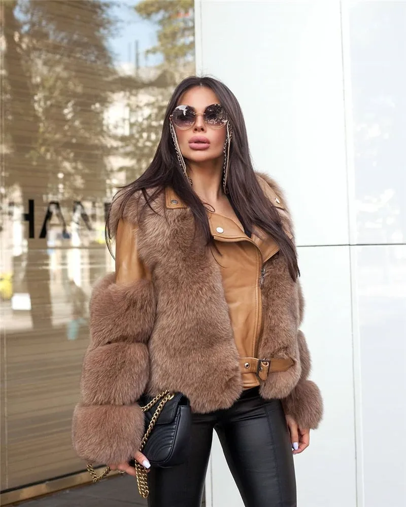 Fashion Real Fox Fur Coats With Genuine Sheepskin Leather