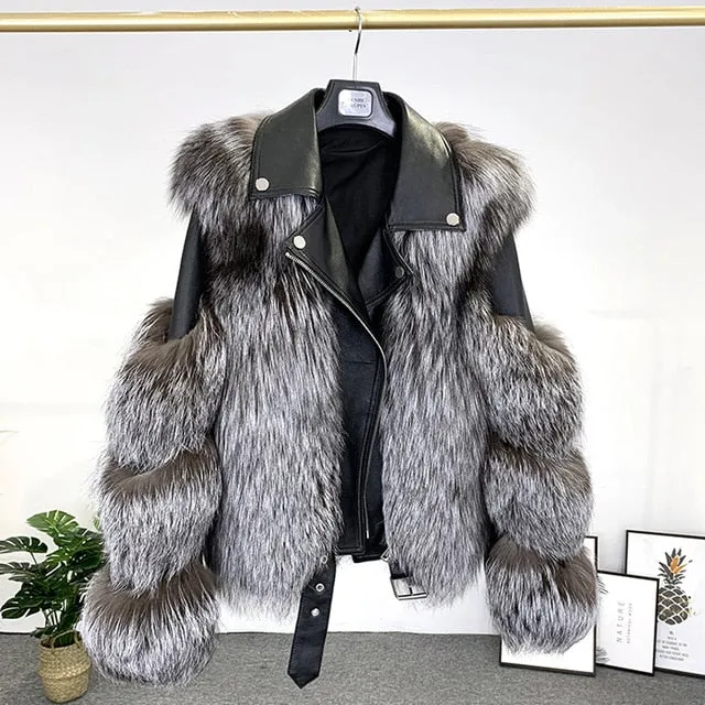 Fashion Real Fox Fur Coats With Genuine Sheepskin Leather