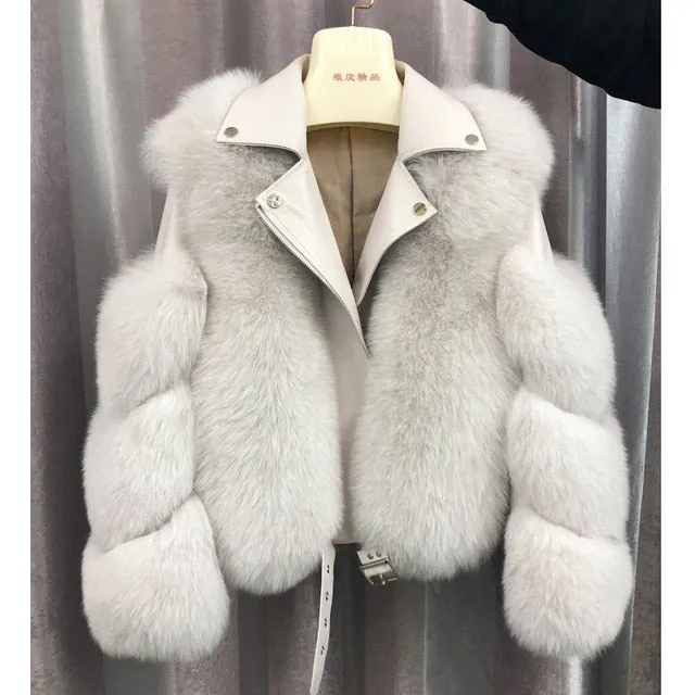 Fashion Real Fox Fur Coats With Genuine Sheepskin Leather