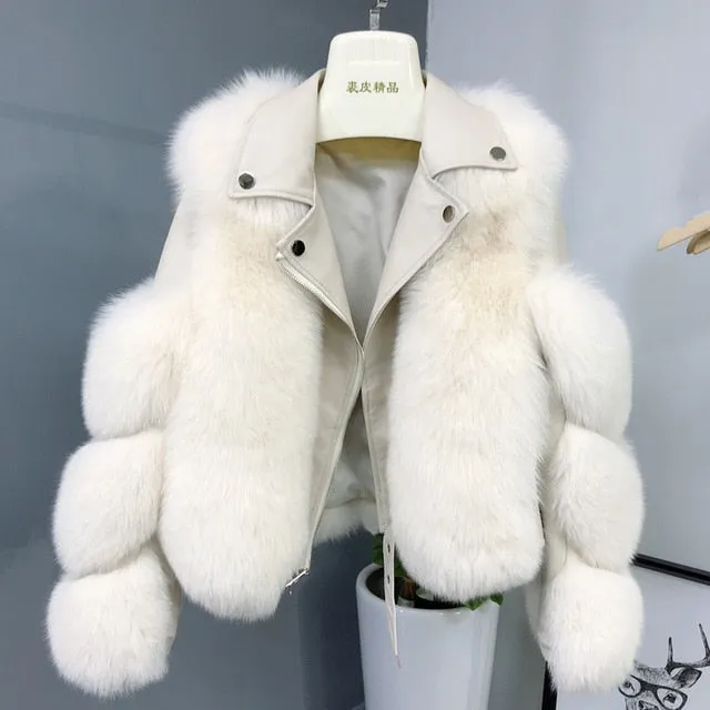 Fashion Real Fox Fur Coats With Genuine Sheepskin Leather