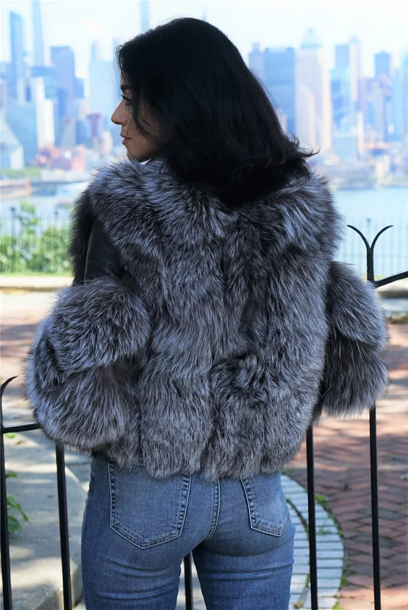 Fashion Real Fox Fur Coats With Genuine Sheepskin Leather