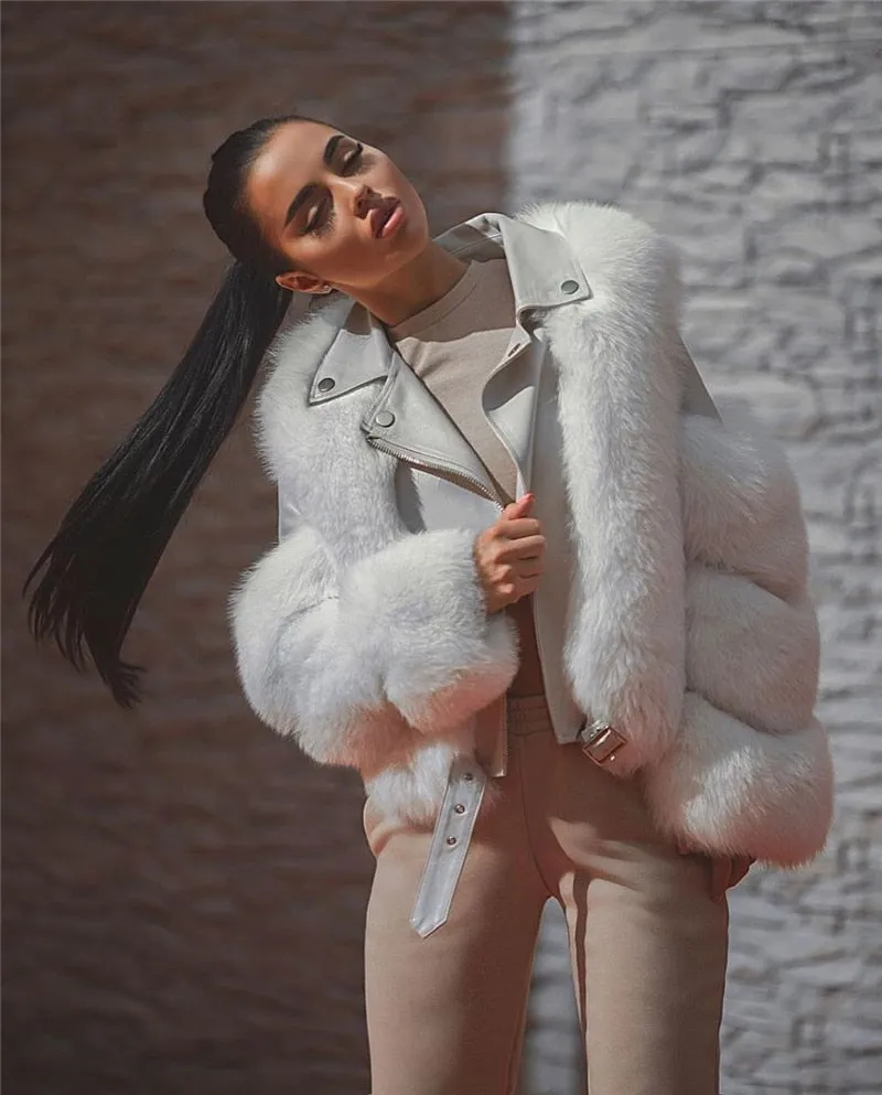 Fashion Real Fox Fur Coats With Genuine Sheepskin Leather