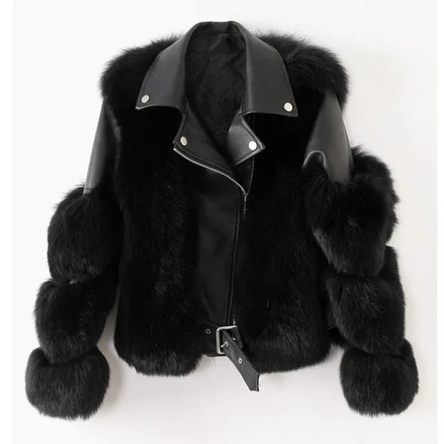 Fashion Real Fox Fur Coats With Genuine Sheepskin Leather