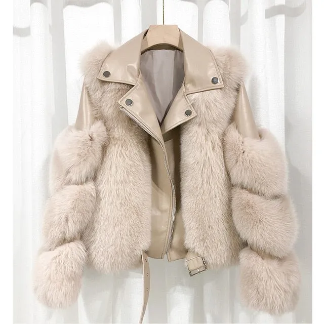 Fashion Real Fox Fur Coats With Genuine Sheepskin Leather