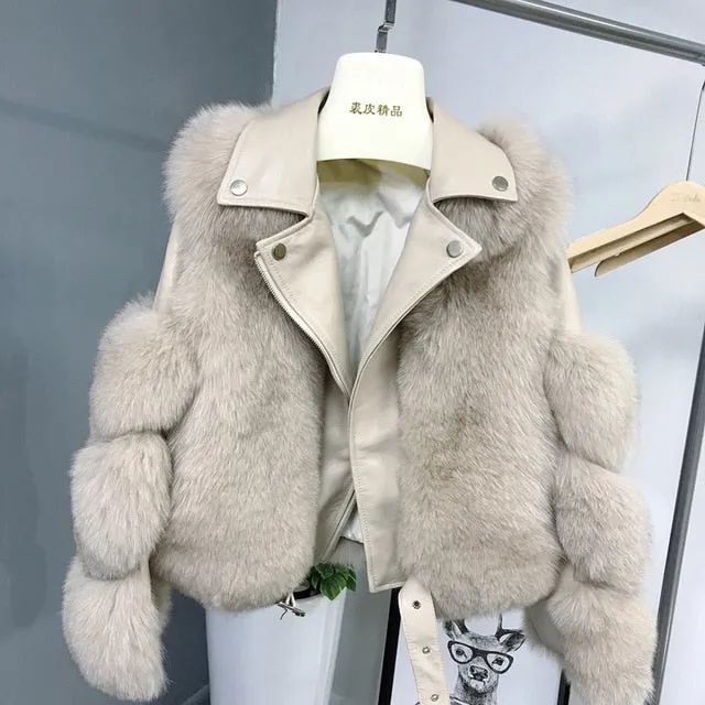 Fashion Real Fox Fur Coats With Genuine Sheepskin Leather
