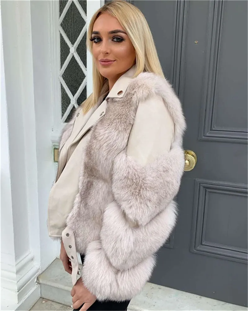 Fashion Real Fox Fur Coats With Genuine Sheepskin Leather