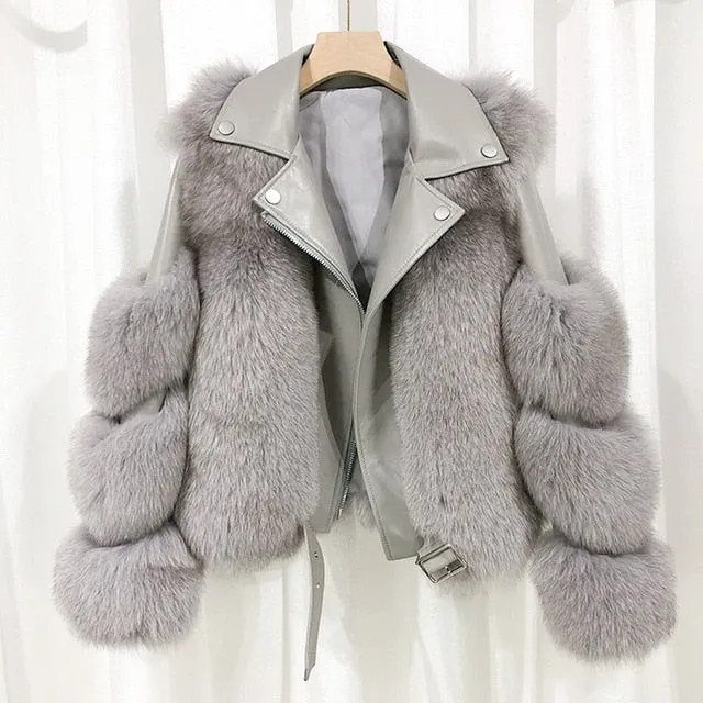 Fashion Real Fox Fur Coats With Genuine Sheepskin Leather
