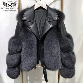 Fashion Real Fox Fur Coats With Genuine Sheepskin Leather