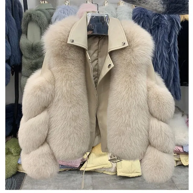 Fashion Real Fox Fur Coats With Genuine Sheepskin Leather