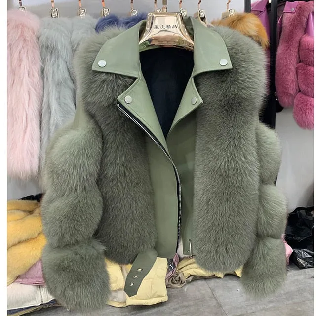 Fashion Real Fox Fur Coats With Genuine Sheepskin Leather