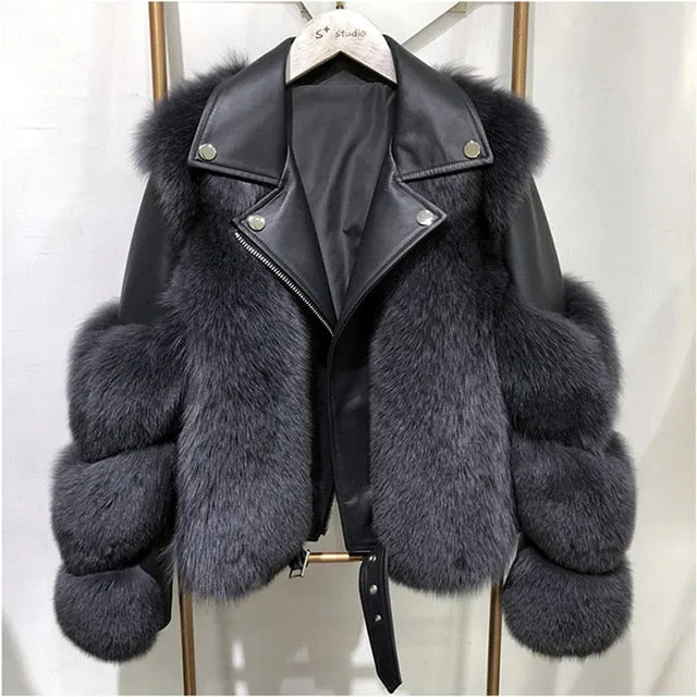 Fashion Real Fox Fur Coats With Genuine Sheepskin Leather