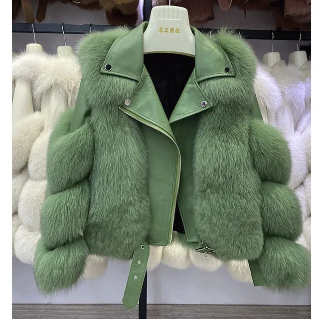 Fashion Real Fox Fur Coats With Genuine Sheepskin Leather