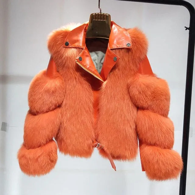 Fashion Real Fox Fur Coats With Genuine Sheepskin Leather
