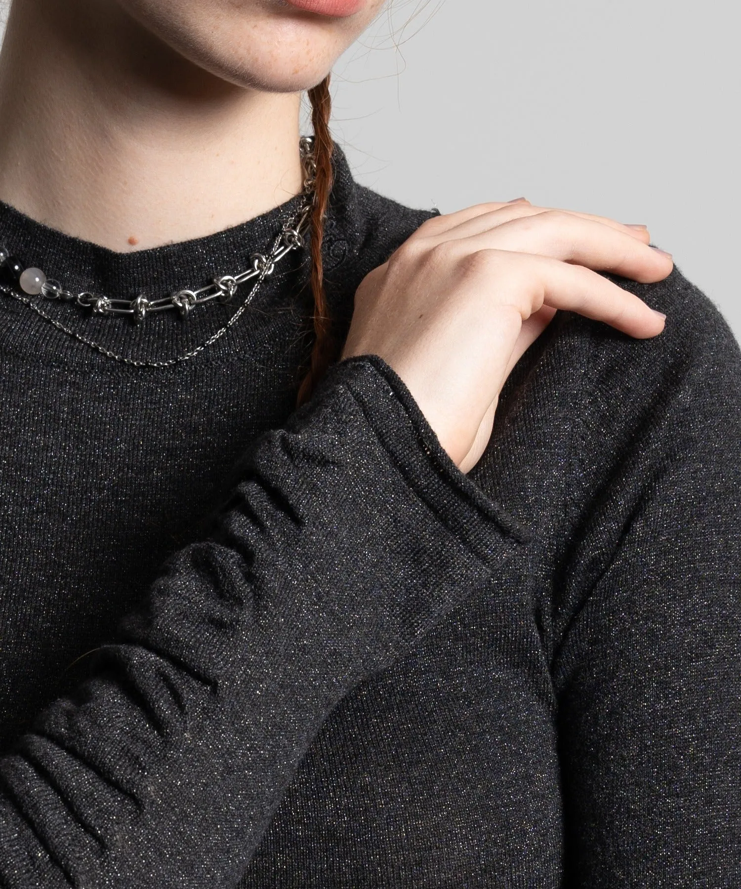 Gathered Sleeve Lurex Knit Top