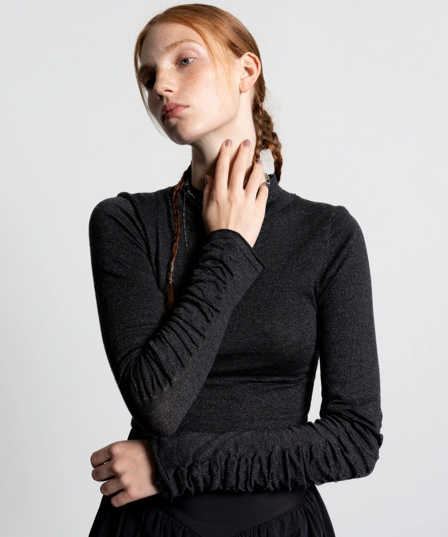 Gathered Sleeve Lurex Knit Top