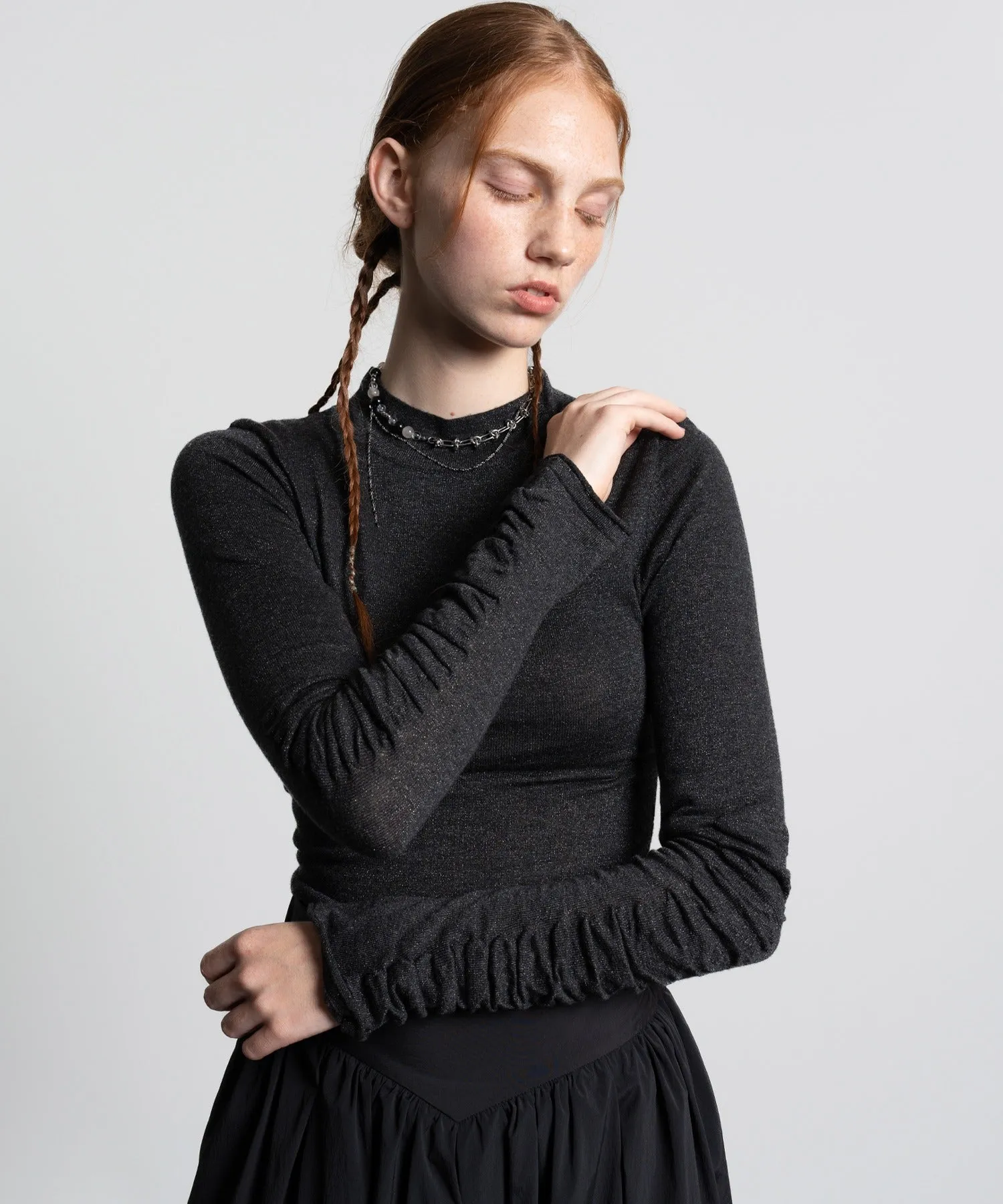 Gathered Sleeve Lurex Knit Top