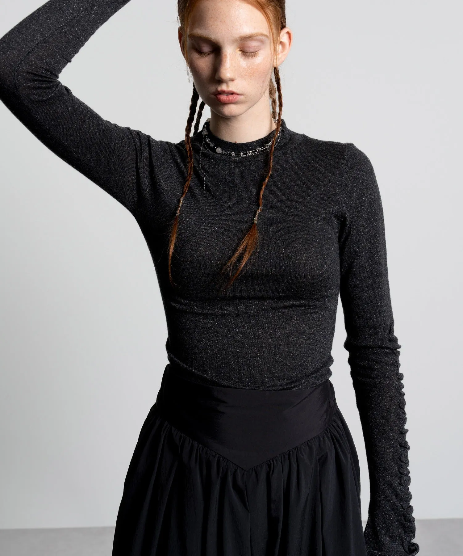 Gathered Sleeve Lurex Knit Top