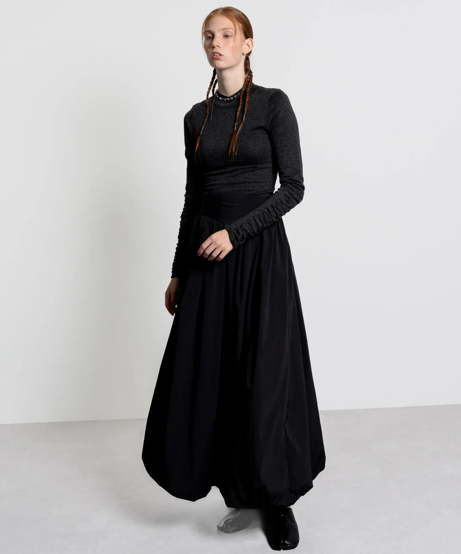 Gathered Sleeve Lurex Knit Top