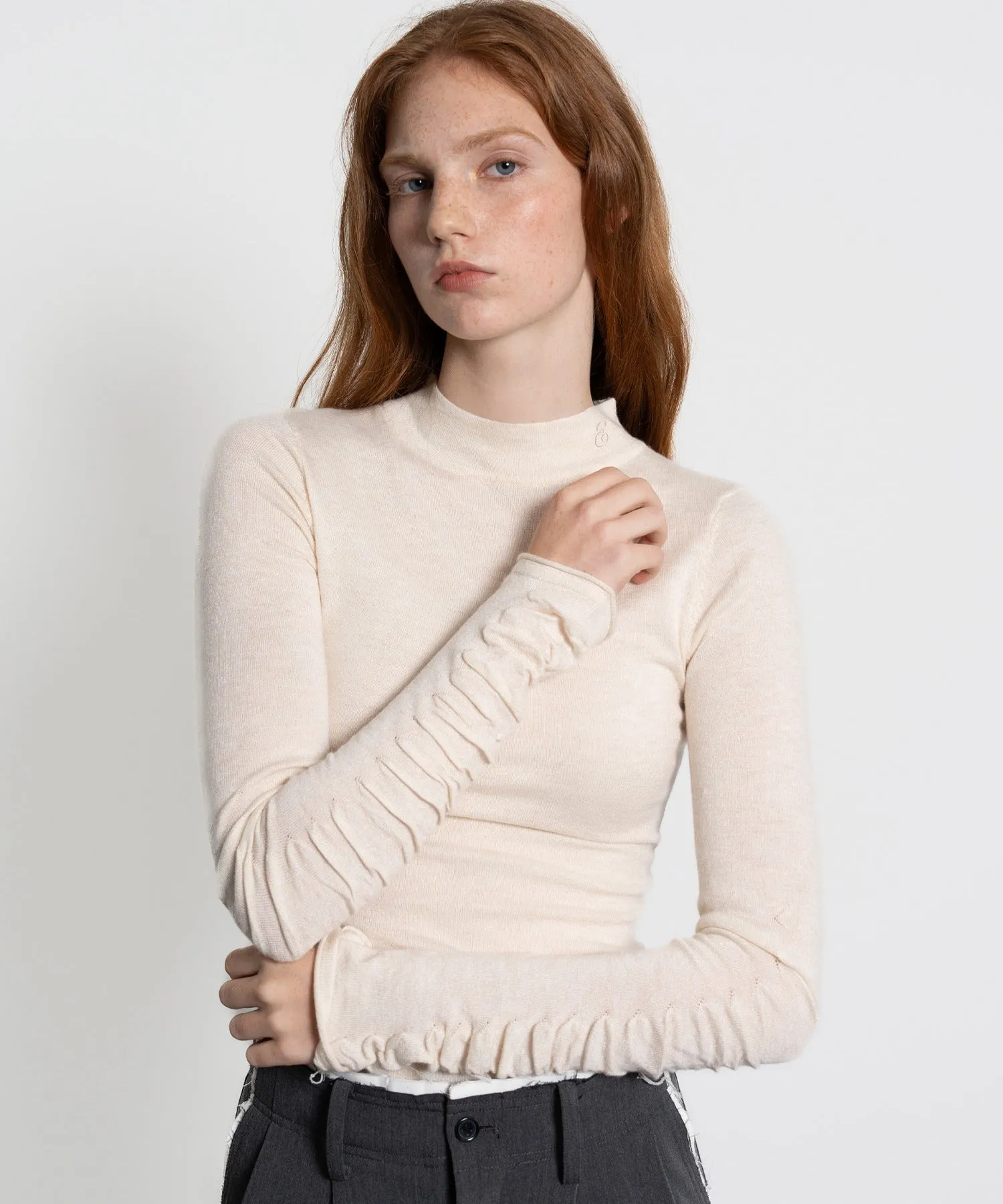 Gathered Sleeve Lurex Knit Top