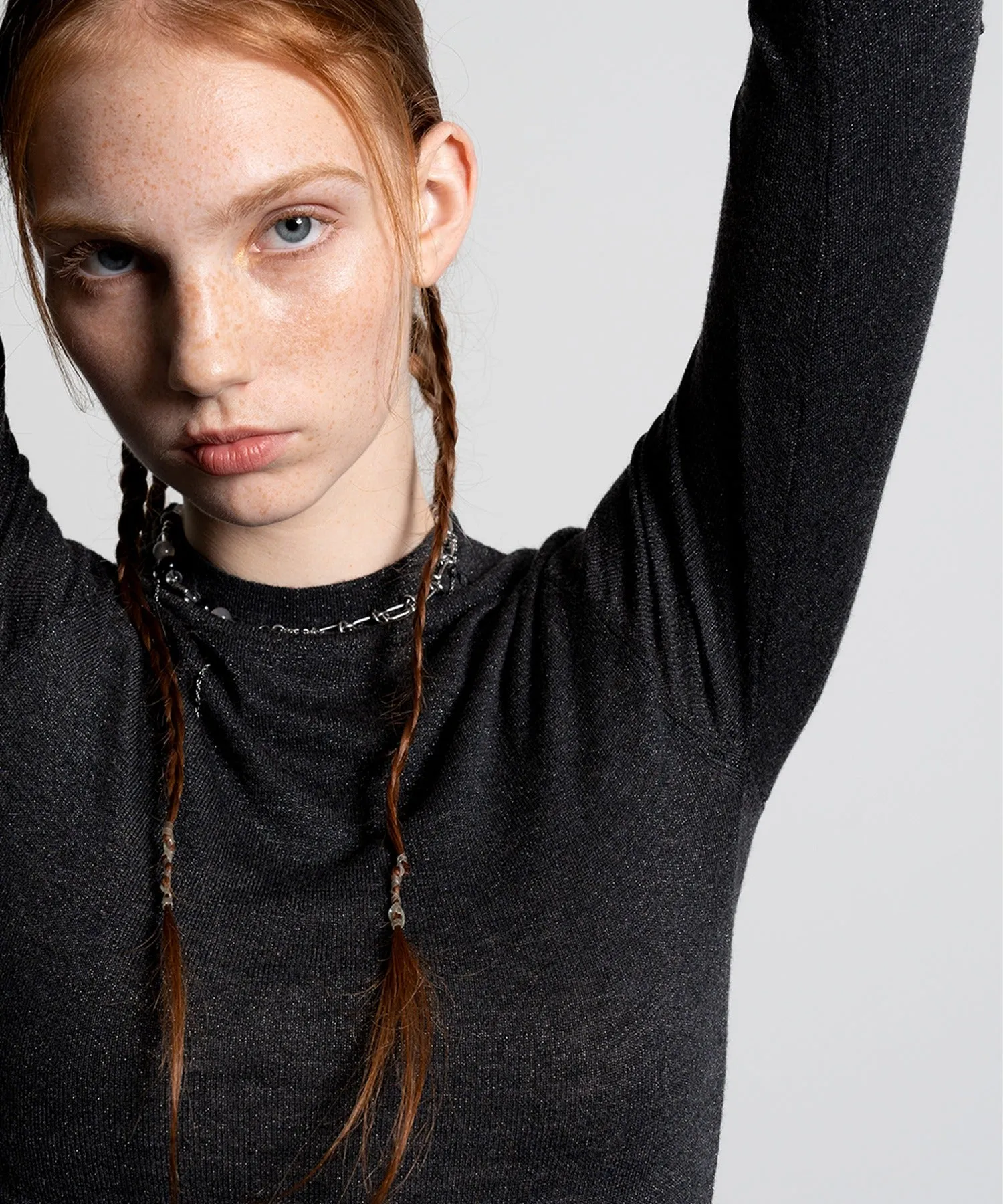 Gathered Sleeve Lurex Knit Top