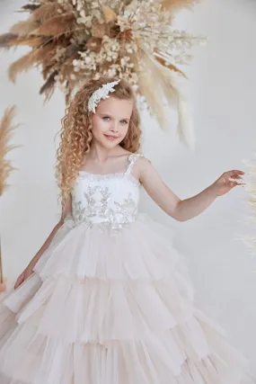 Girls Beaded Strap Cappuccino Ruffled Tulle Dress