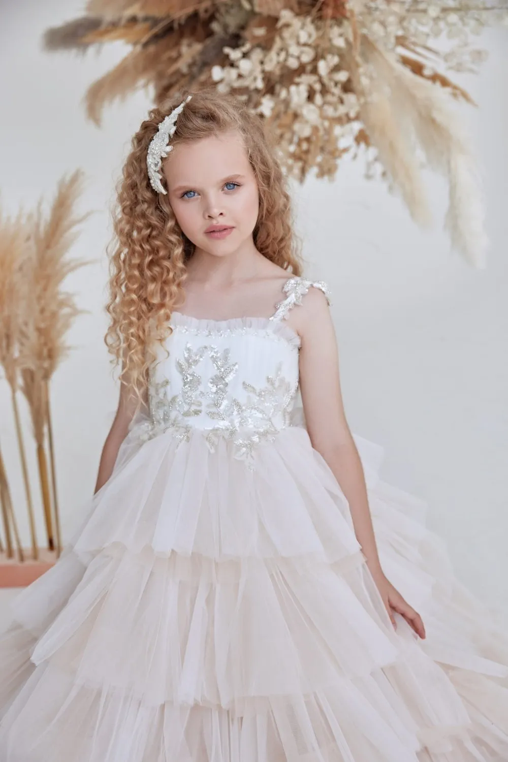 Girls Beaded Strap Cappuccino Ruffled Tulle Dress