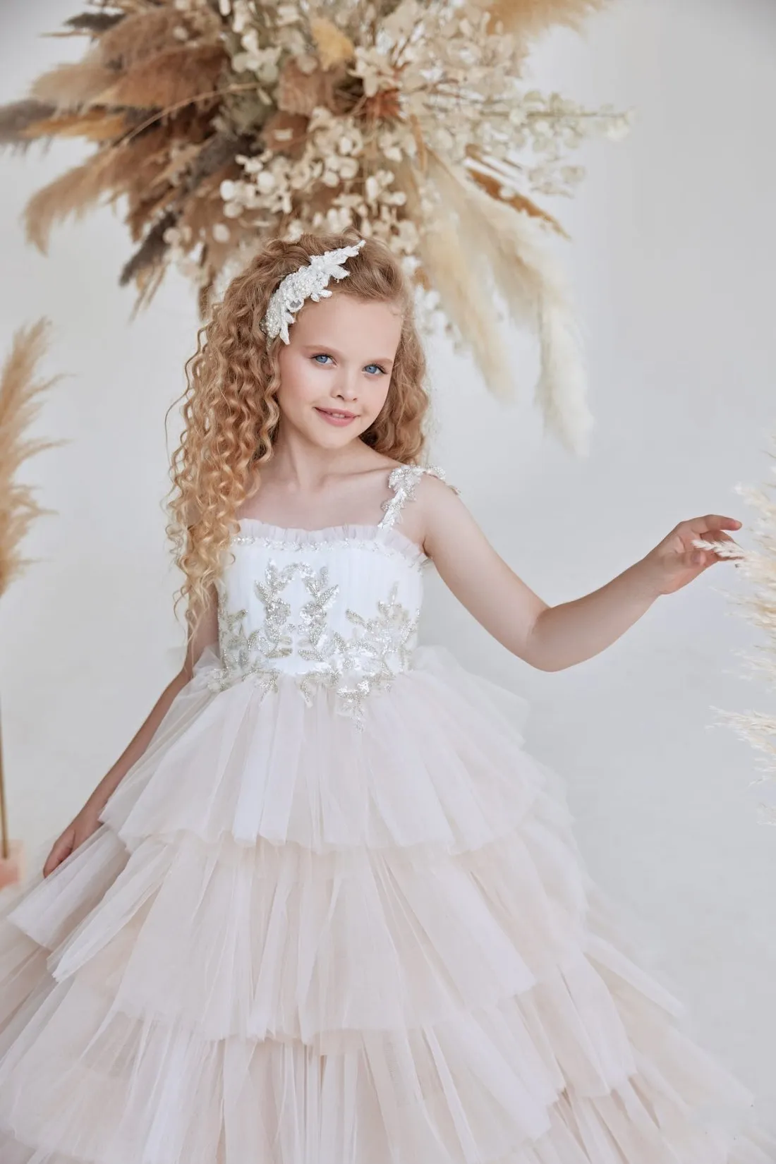 Girls Beaded Strap Cappuccino Ruffled Tulle Dress