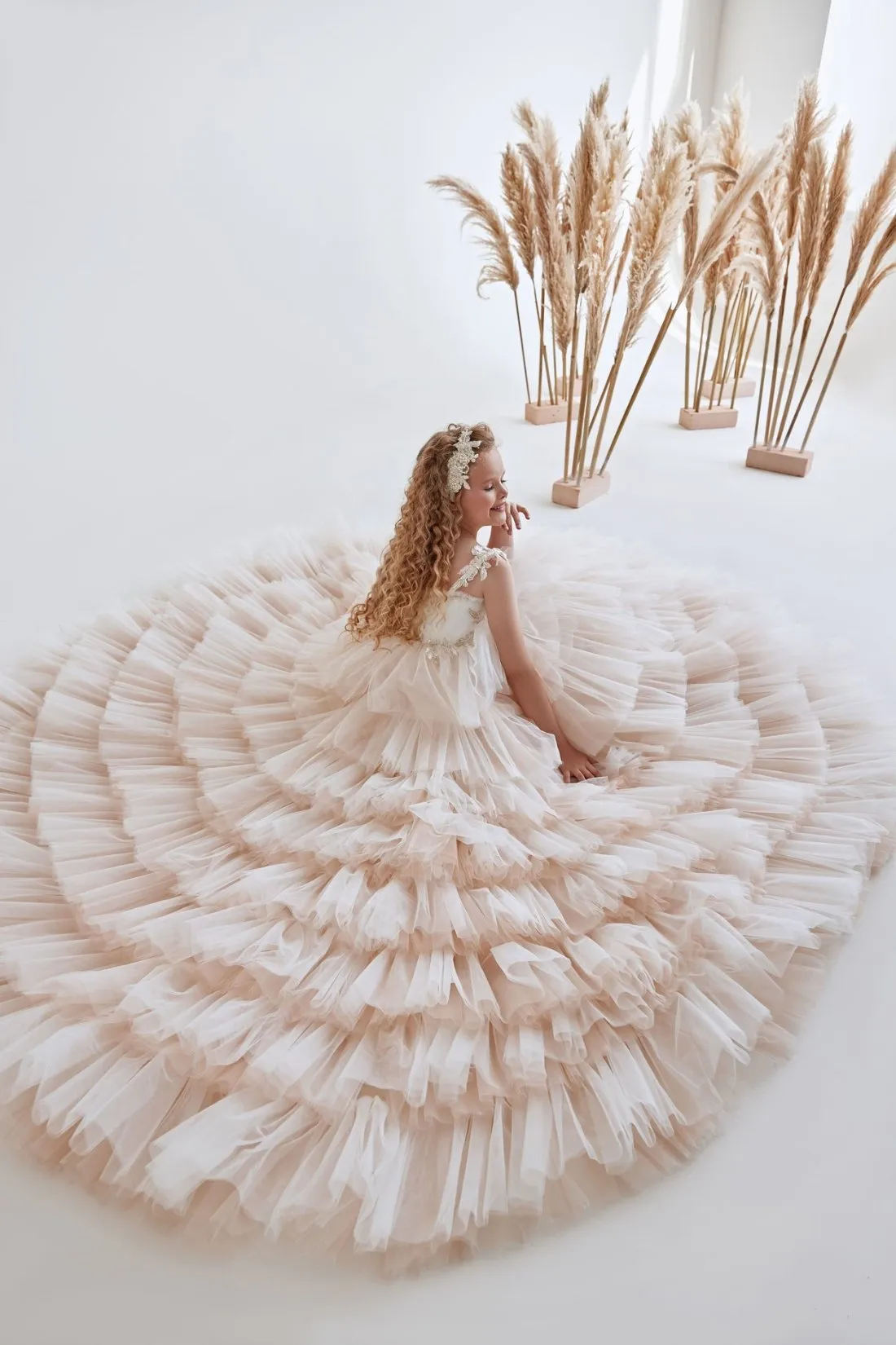 Girls Beaded Strap Cappuccino Ruffled Tulle Dress