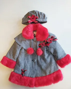 Girl's Houndstooth Coat with red faux fur & Hat