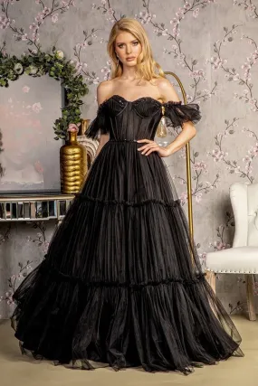 GL 3453 - Sequin Beaded Off the Shoulders A-Line Prom Gown with Sheer Boned Sweetheart Corset Bodice Lace Up Corset Back & Layered Ruffle Skirt