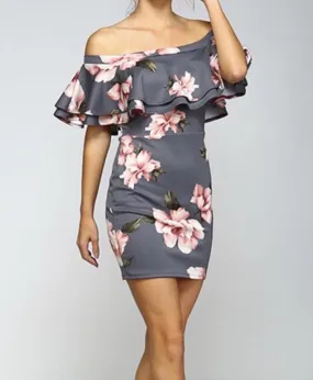 Gray Floral Off Shoulder Bodycon Dress