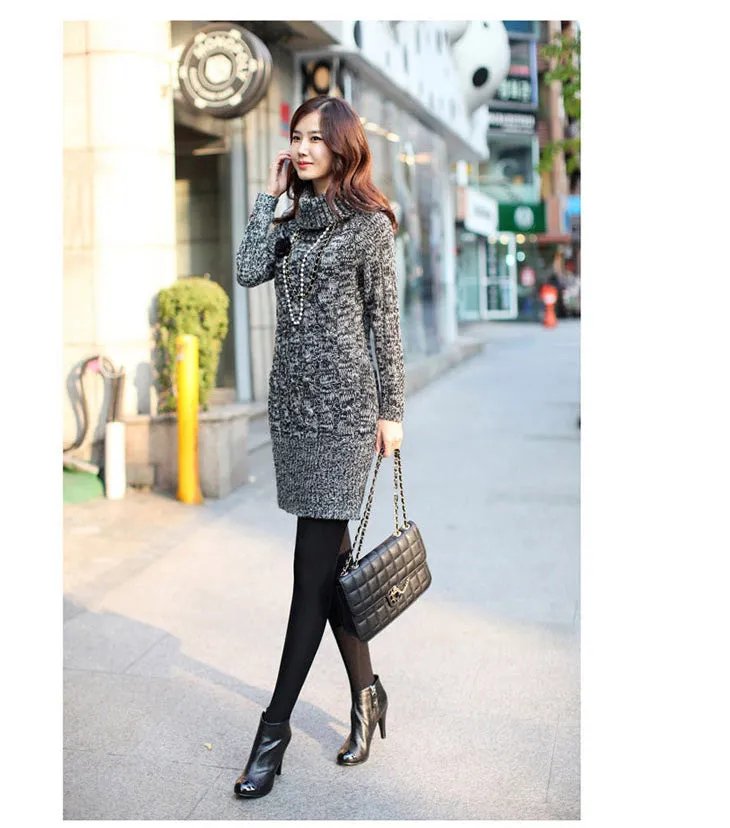 Grey Turtleneck Thick Pullover Sweater Dress