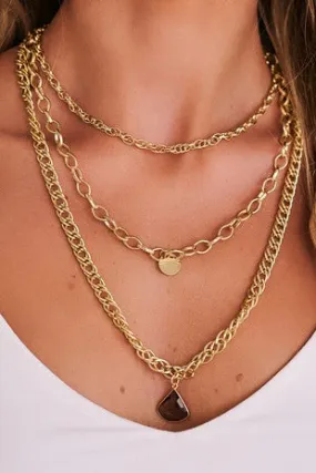 Herringbone Layered Chain Stone Charm Necklace