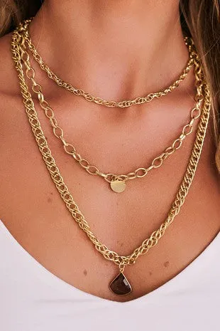Herringbone Layered Chain Stone Charm Necklace