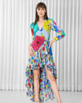 Hibiscus placement ruffled wrap dress