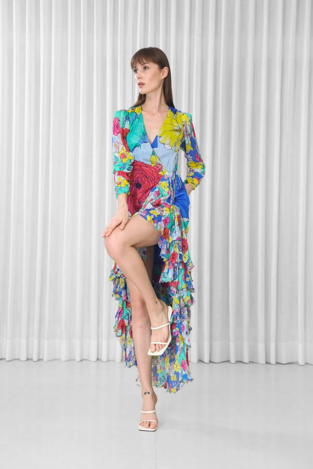Hibiscus placement ruffled wrap dress