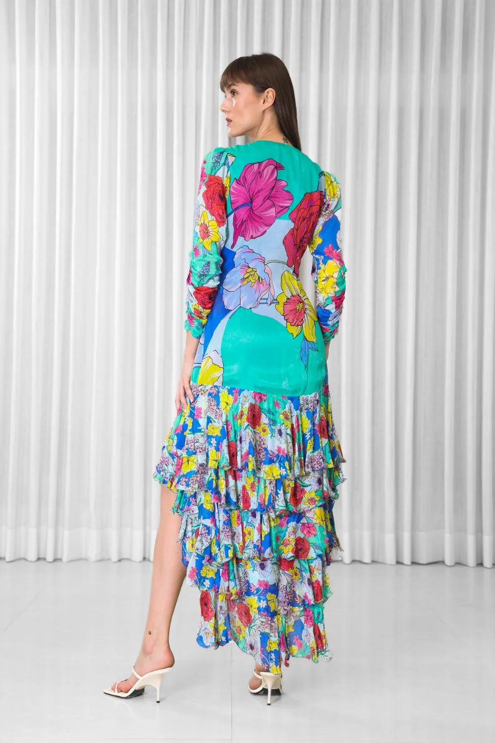 Hibiscus placement ruffled wrap dress